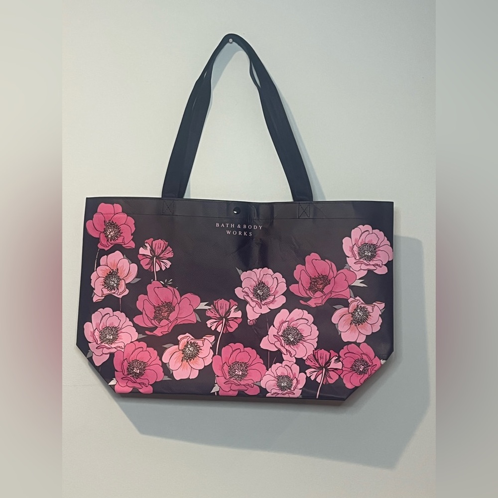 Bath & Body Works Navy Tote with Pink Floral Print with Snap Closure